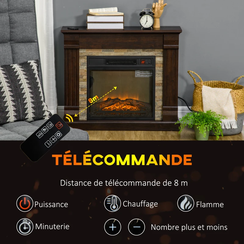 HOMCOM Cheminée électrique, cheminée décorative 1800W effet flamme, luminosité et température réglables, 80x21,6x67,8cm, marron