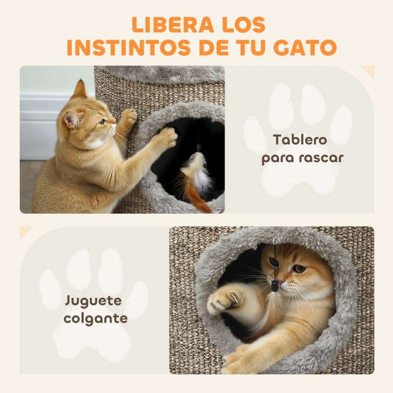 PawHut Casa para Gatos 3 en 1 Taburete Reposapiés Cama para Gatos con Rascador Patas de Madera Pluma 36x36x38 cm Gris