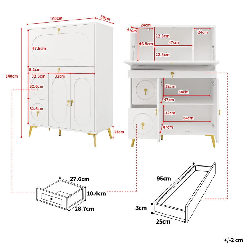 Buffet moderne à portes pliantes, rangement multifonctionnel, 100x50x140 cm, Blanc