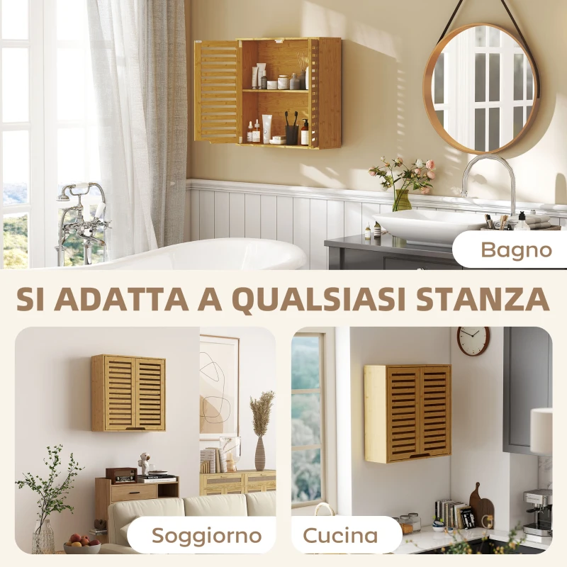 HOMCOM Pensile Bagno con Ripiano Interno Regolabile e Ante a Persiana, in Bambù, 60x20x60 cm, color Legno