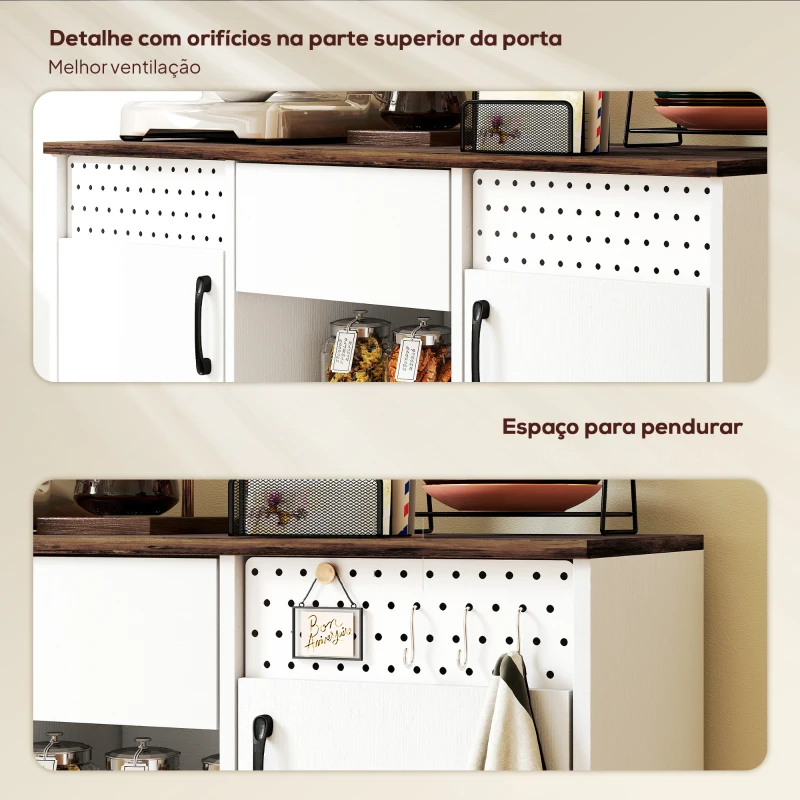 HOMCOM Aparador de 2 Portas com Orifícios 2 Compartimentos e Gaveta Prateleiras Ajustáveis 100x40x80 cm Branco e Castanho Rústico