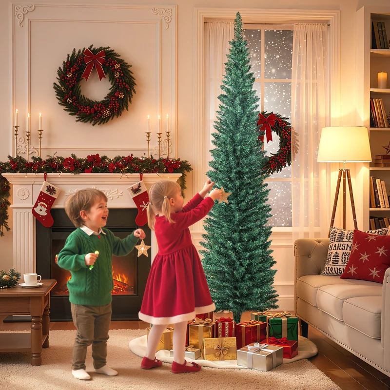 HOMCOM Árvore de Natal Slim 210 cm Árvore de Natal Artificial com 401 Ramos Suporte Metálico Decoração para Interior Verde