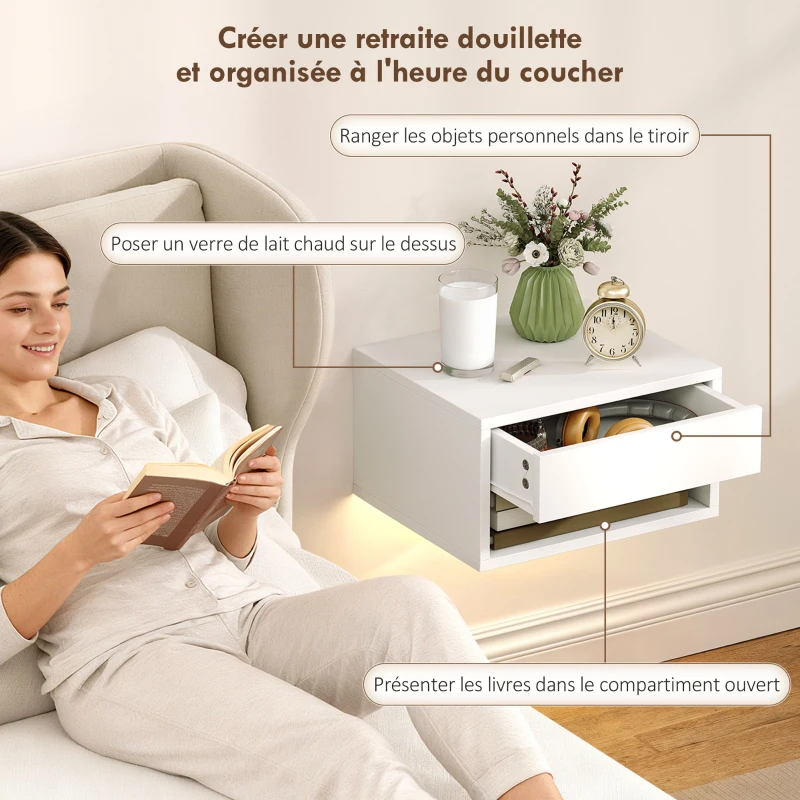 HOMCOM Lot de 2 tables de chevet suspendues avec éclairage LED RGB contrôle par application, étagère, tiroir, 37x32x21cm, blanc