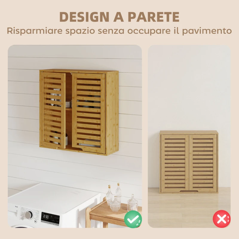 HOMCOM Pensile Bagno con Ripiano Interno Regolabile e Ante a Persiana, in Bambù, 60x20x60 cm, color Legno