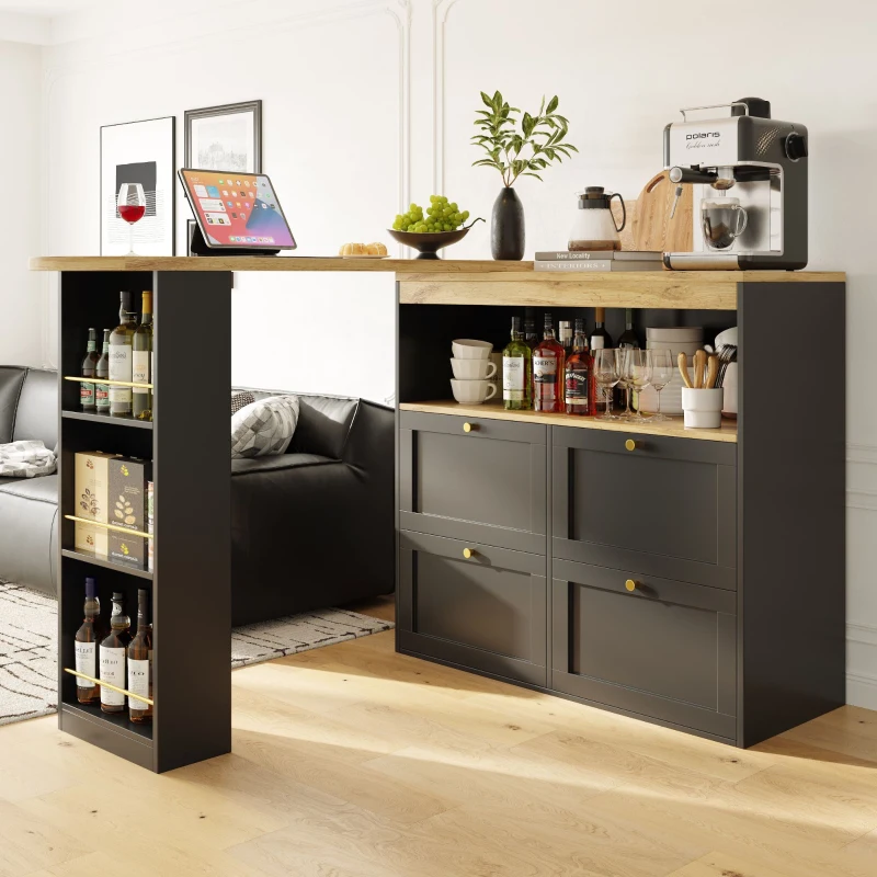 Bancone bar girevole a 360°, mobile modulare a L con 4 cassetti e ripiani aperti, Nero