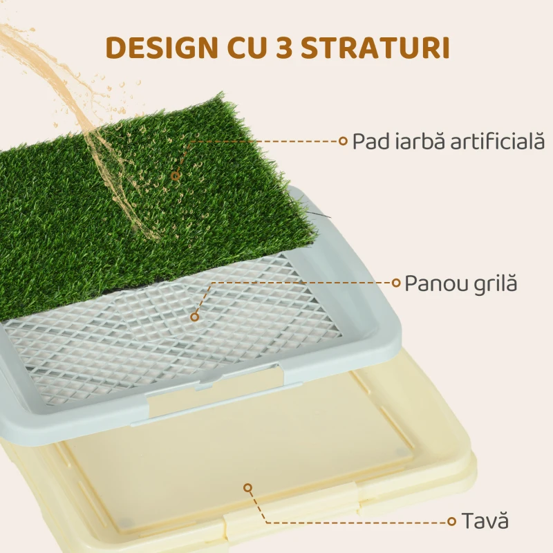 PawHut Toaletă pentru Câini 3 Straturi cu Gazon, Grilă și Tavă 46,5x34x5,5 cm