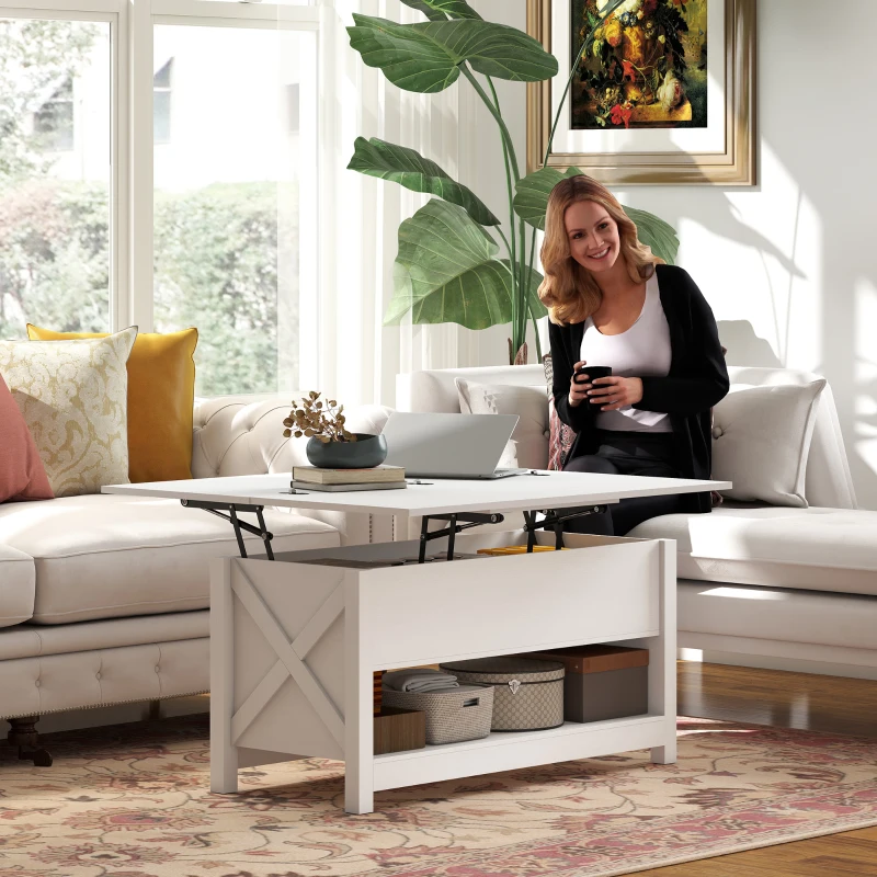 HOMCOM Mesa de Centro Elevatória e Extensível com Compartimentos Ocultos e Prateleira Aberta 100x90x64 cm Branco
