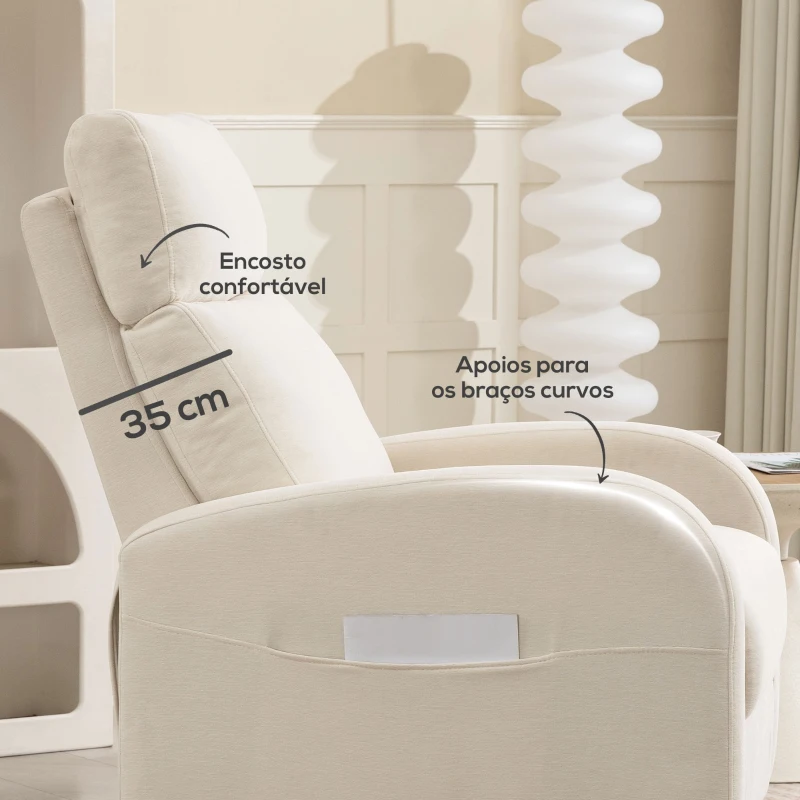 HOMCOM Poltrona Relax Reclinável Manual Estofada em Linho Sintético com Apoio para os Pés e Bolso Lateral 68x90x106 cm Creme