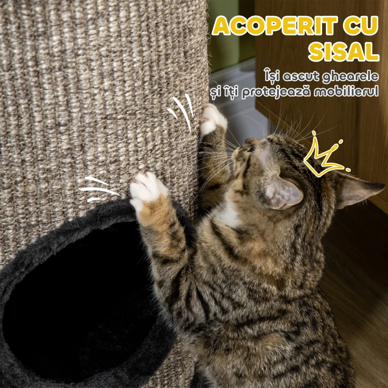 PawHut Cușcă pentru Pisici cu 3 Nivele, Zgârietoare din Sisal și Pluș, Ø38x70cm, Gri