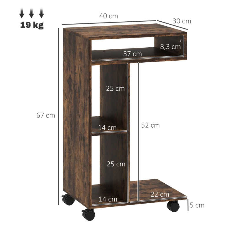 HOMCOM Mesa auxiliar, carrito en forma de C, 4 ruedas, 3 compartimentos, 40 x 30 x 69 cm, Marrón rústico