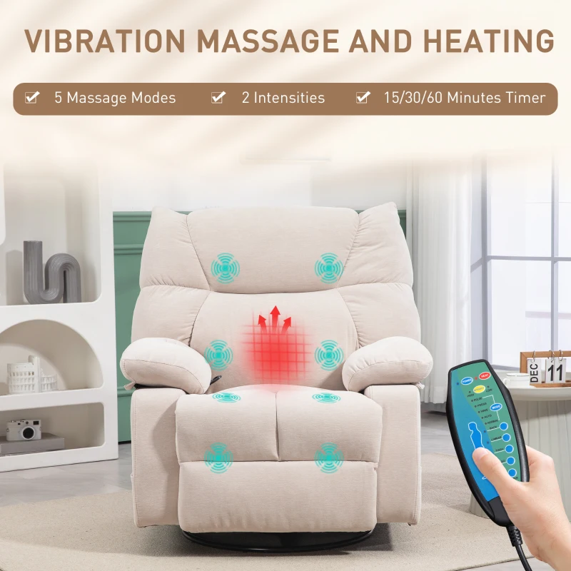 HOMCOM Fotoliu Reclinabil 145° cu Masaj și Încălzire cu 5 Programe și 8 Puncte Vibrante, Buzunare de Depozitare, Bej