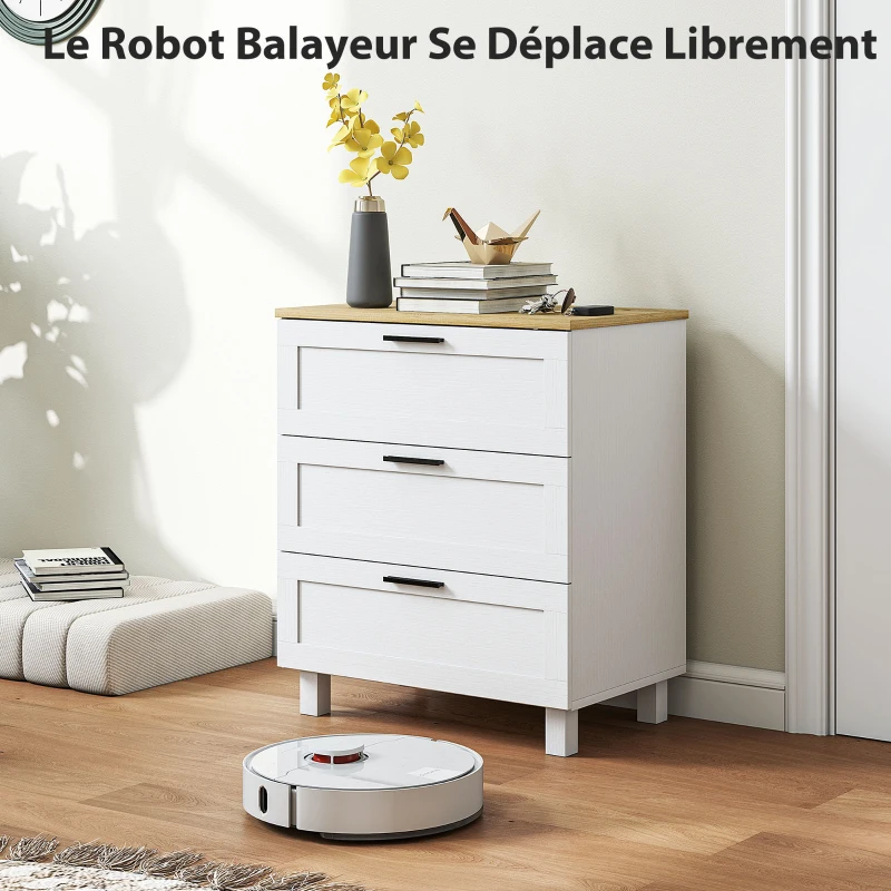 HOMCOM Commode 3 tiroirs meuble de rangement style moderne pieds en bois massif et plateau effet bois, 60 x 38 x 71 cm, blanc