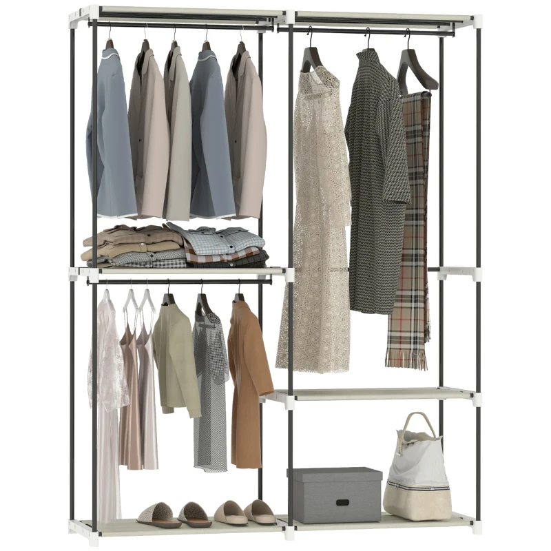 HOMCOM Armário de Roupa Aberto 142x43x185 cm Armário para Roupas com 4 Prateleiras de Tecido 3 Barras para Pendurar Creme