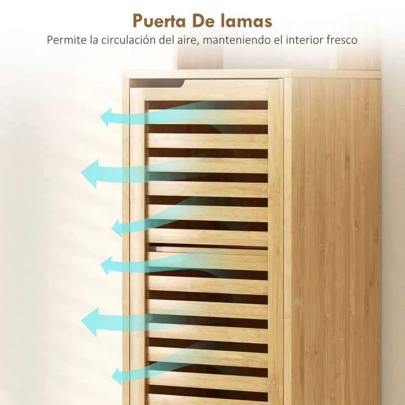HOMCOM Armario de Baño Alto de Bambú Estrecha con 3 Estantes Abiertos Puerta de Lamas Baldas Ajustables 34x30x170 cm Natural