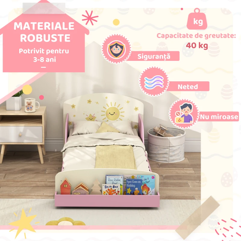 AIYAPLAY Pat copii mic, cadru cu design stele și spațiu de depozitare, roz