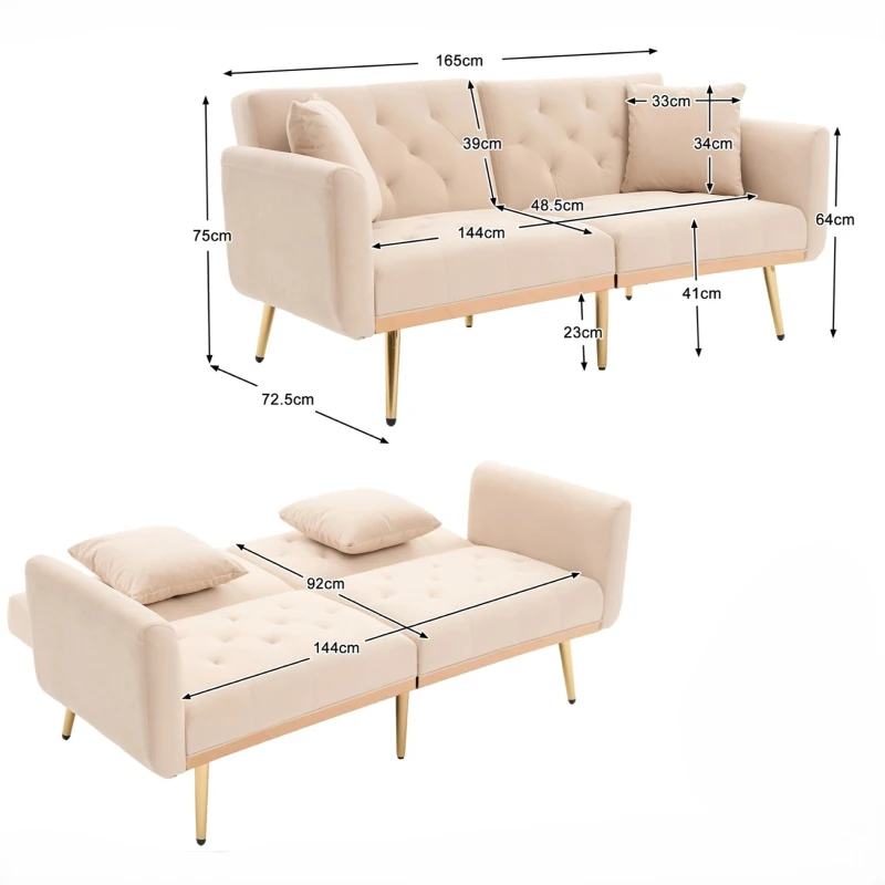 Divano letto 3 posti in Velluto con Regolabile Posizioni, Robuste Struttura in Metallo, ideale per Soggiorno e camera da letto, 162x78x80 cm, Beige