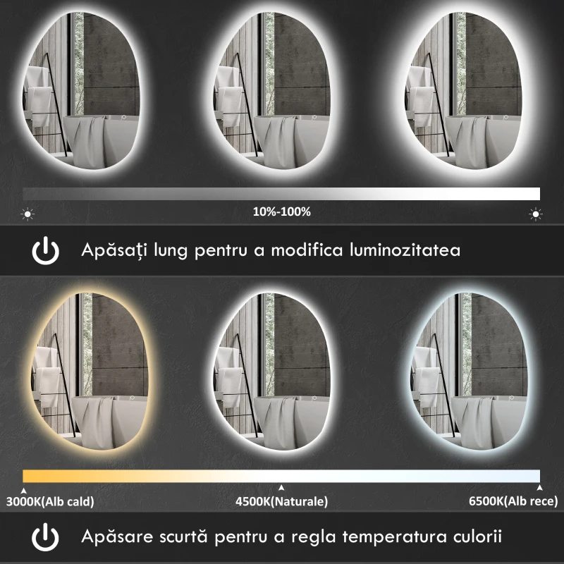 HOMCOM Oglindă de Baie LED cu Comutator Tactil Inteligent și  Intensitate Reglabilă, 80x5x60 cm, Argintiu