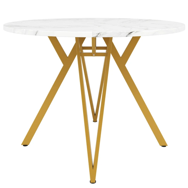 Tavolo da pranzo rotondo per 4 persone con piano in MDF, 100x100x76 cm, Bianco e Oro