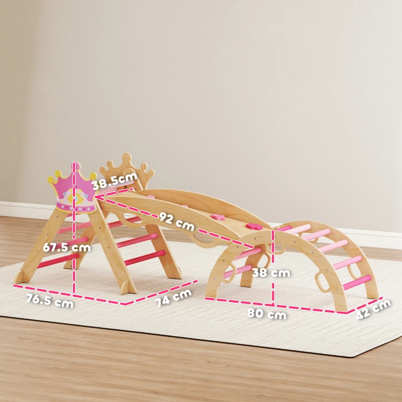 AIYAPLAY 8 in 1 Triangolo da Arrampicata in Legno Struttura da Arrampicata Montessori Tema Corona con Arco e Rampa Rosa