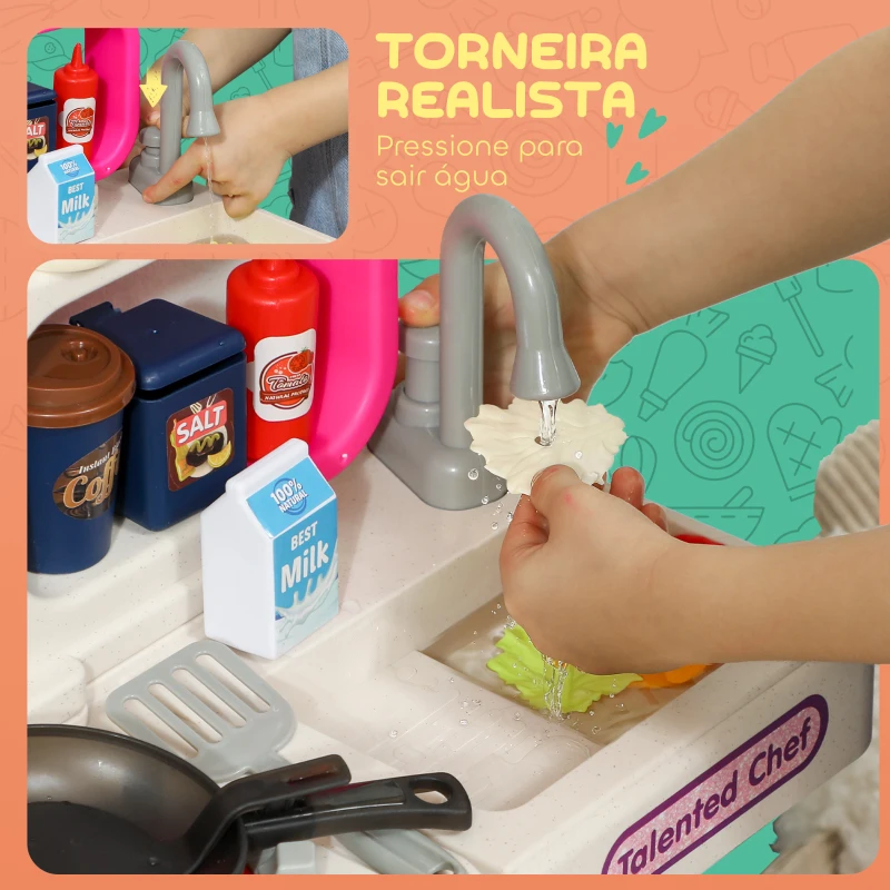 AIYAPLAY Cozinha de Brincar com Luz e Som Cozinha para Crianças com Acessórios Panelas Utensilios e Alimentos Falsos 52,5x22x100 cm Rosa
