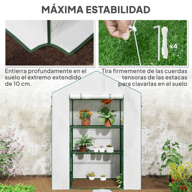Outsunny Invernadero de 3 Niveles con 1 Puerta 2 Ventanas y Estantes en Forma de U para Cultivo de Plantas 140x73x190 cm Blanco