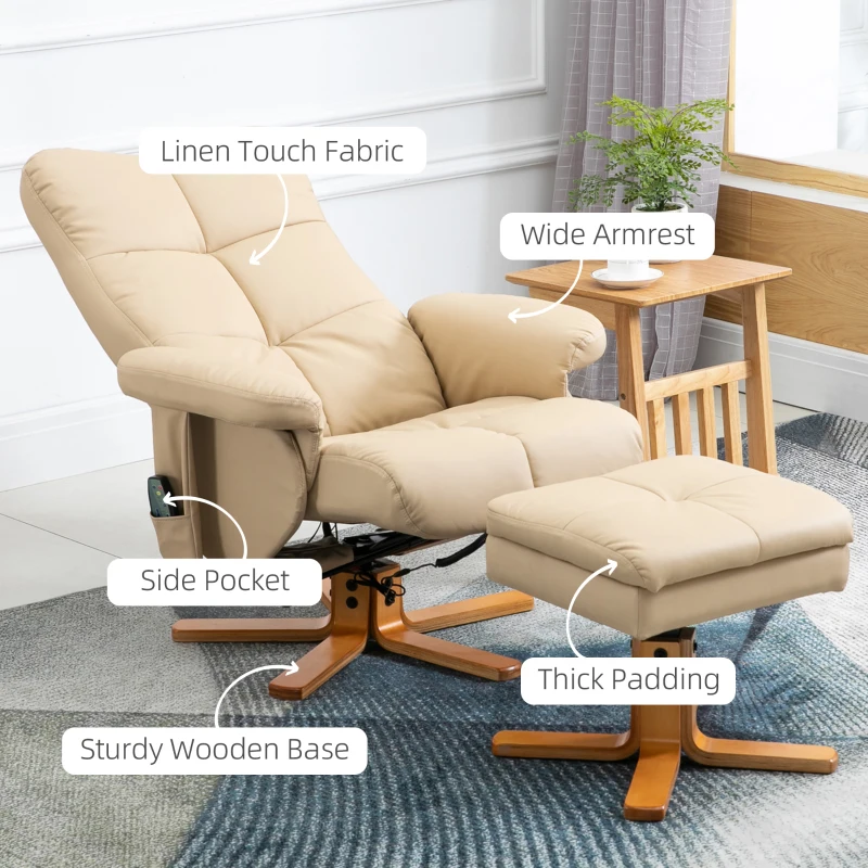 HOMCOM Poltrona Massaggiante Reclinabile a 145° con Pouf Poggiapiedi, 80x86x99cm, Bianco crema
