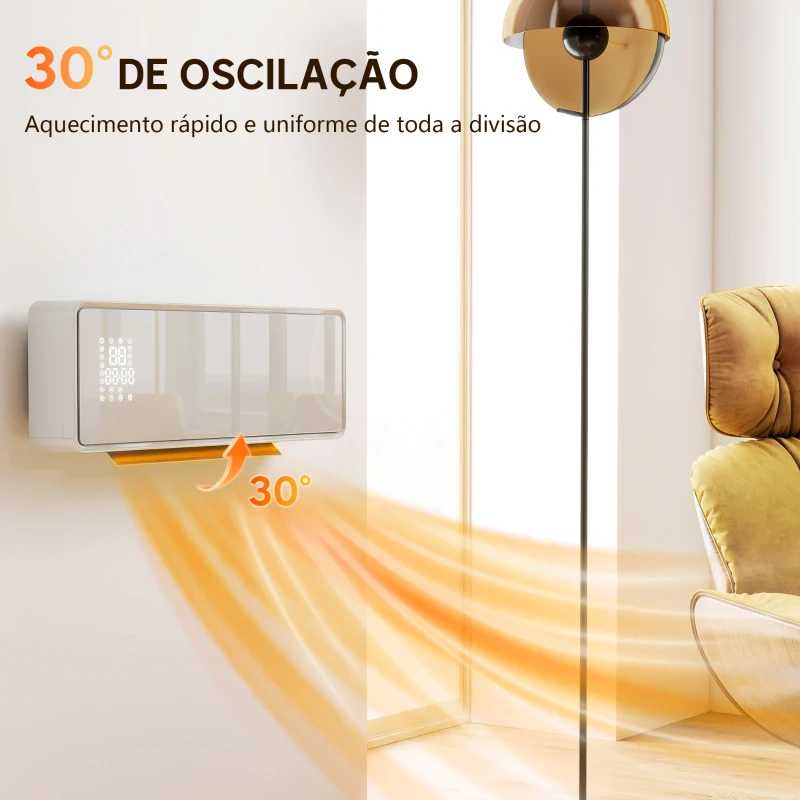 HOMCOM Aquecedor Elétrico Cerâmico de Parede 2000W com 3 Modos Temporizador Detecção de Janelas Abertas 54x18,7x12,3 cm Branco