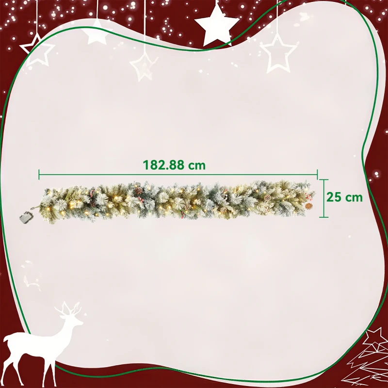 HOMCOM Ghirlandă de Crăciun Ø25x180 cm cu 50 de Lumini LED, Conuri de Pin și Boabe, din Plastic și Metal, Verde și Alb