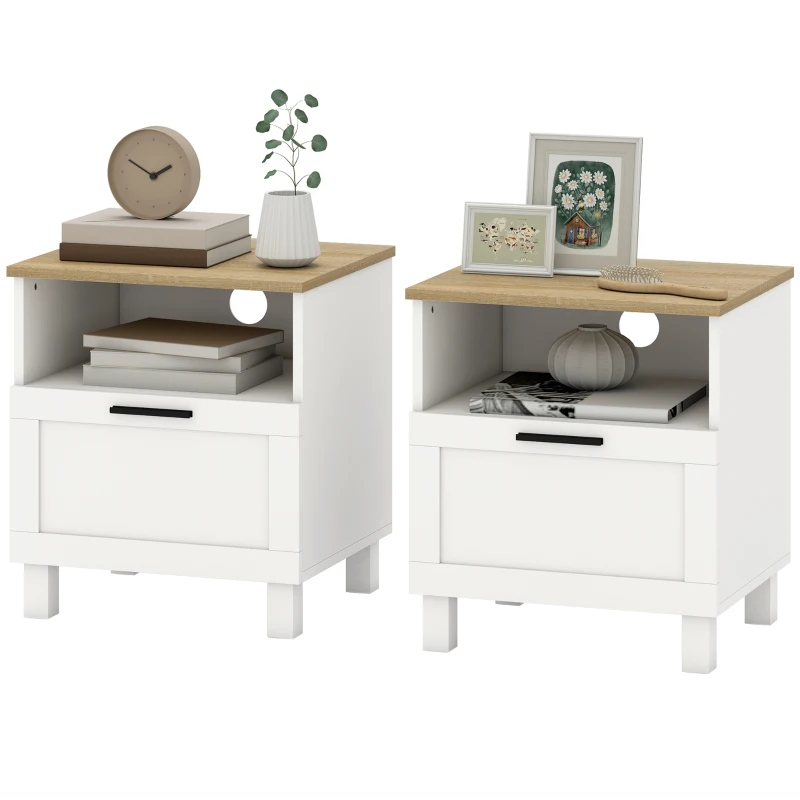 HOMCOM Conjunto de 2 Mesas de Cabeceira Modernas com Gaveta Compartimento Aberto Pés de Madeira 45x38x50 cm Branco