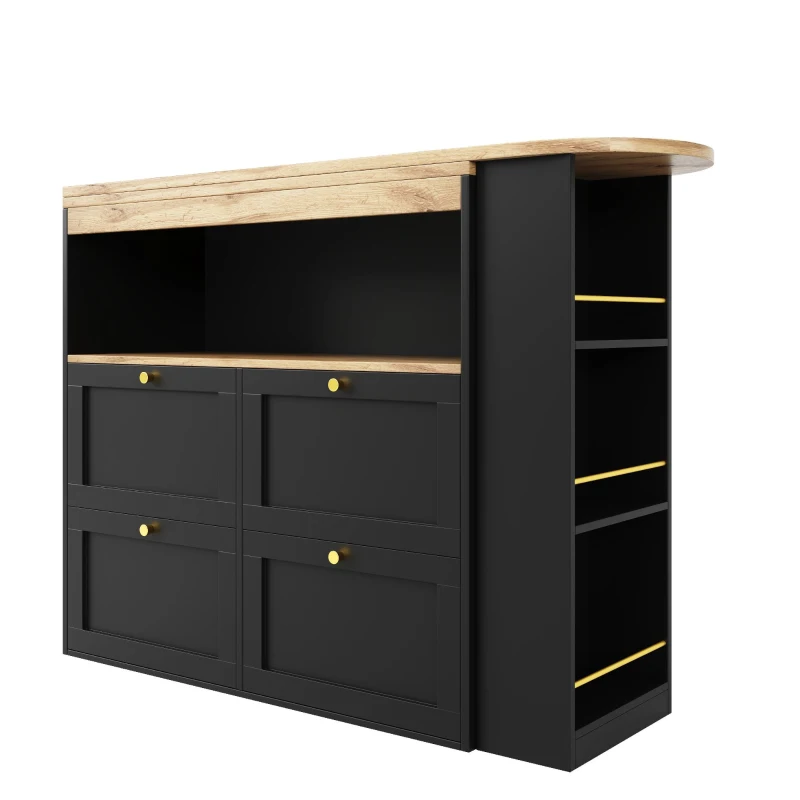 Bancone bar girevole a 360°, mobile modulare a L con 4 cassetti e ripiani aperti, Nero