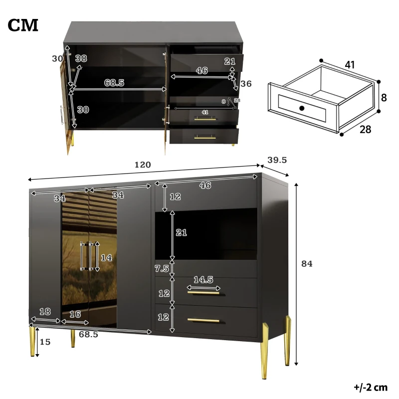 Buffet moderne avec porte en verre couleur sarcelle, cloisons réglables et pieds en fer dorés, 120x39,5x84 cm, Noir