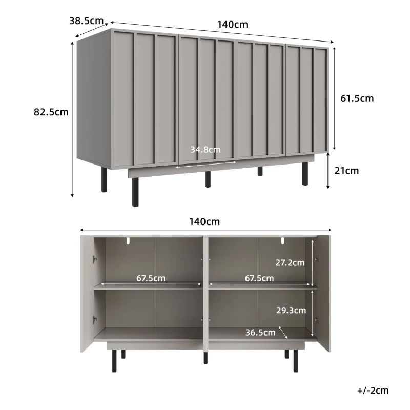 Bufet minimalist pentru sufragerie, cu 4 uși și rafturi reglabile, 140x38,5x82,5 cm, Gri