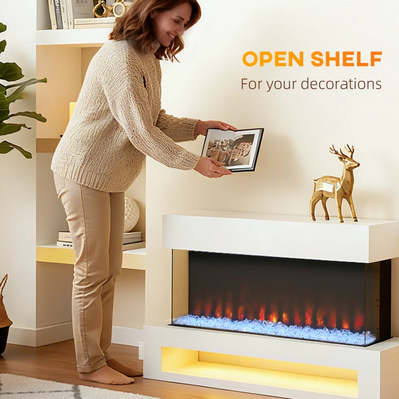 HOMCOM Elektro-Kamin mit 11 Flammenfarben, 10 Kristallbett-Farben, 1000W/2000W, Fernbedienung, vielseitig einsetzbar, Weiß