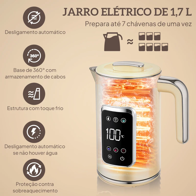 HOMCOM Fervedor de Água 1,7L 3000W Função Manter Quente Torradeira de Pão com Fenda Larga para 2 Fatias 6 Níveis de Tostagem Creme
