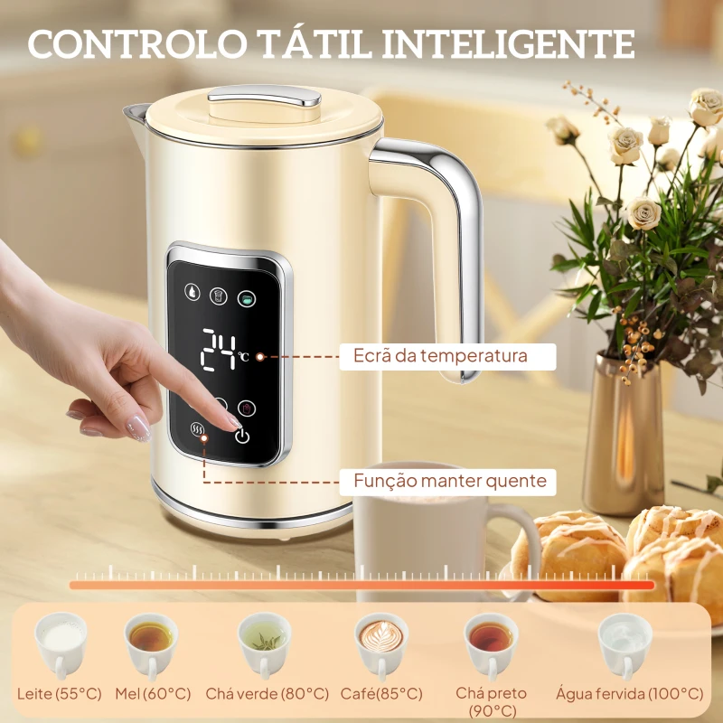 HOMCOM Fervedor de Água 1,7L 3000W Função Manter Quente Torradeira de Pão com Fenda Larga para 2 Fatias 6 Níveis de Tostagem Creme