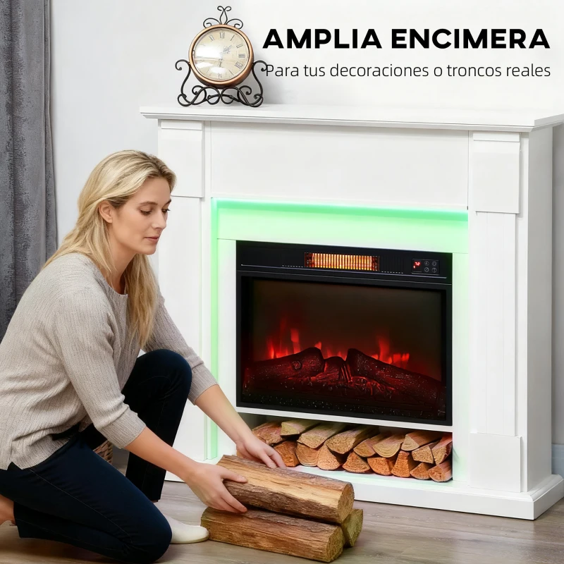 HOMCOM Chimenea Eléctrica Empotrable con Efecto de Llama 3D Tira de Luz LED RGB 1800W Temporizador Termostato Blanco