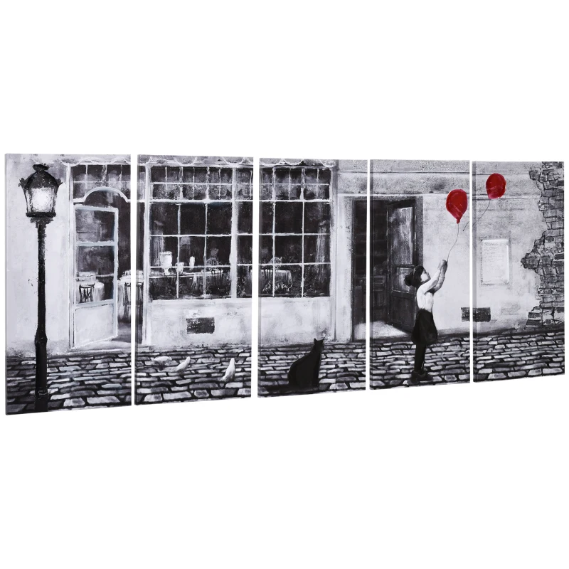 HOMCOM Stampa su Tela con Bambina, 80x40cm, 5 Pezzi per Casa e Ufficio, Tela in Legno di Pino e Vernice ad Acqua, Nero Bianco Rosso