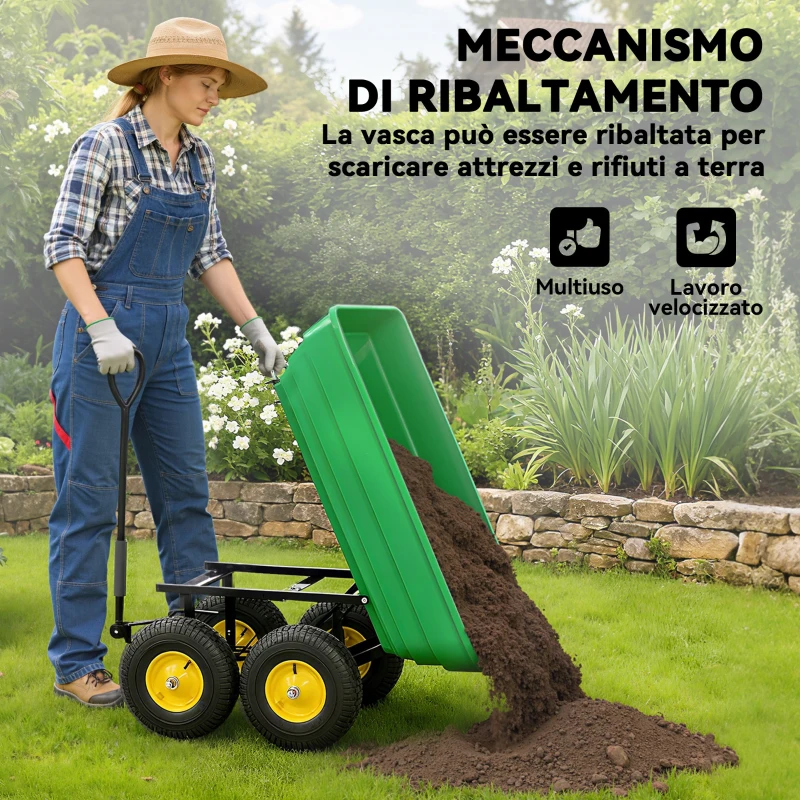 Outsunny Carrello da Giardino 75L in Acciaio e PP con Vasca ribaltabile e Maniglia, 109x52x94 cm, Verde