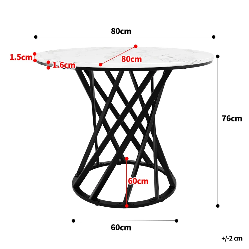 Tavolo da pranzo rotondo, tavolo da cucina con piano in MDF e gambe in metallo, 80x80x76 cm, Bianco e Nero