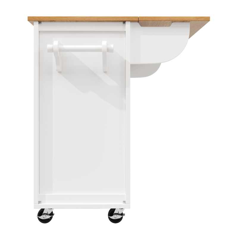 Îlot de cuisine avec table pliante, grand espace de rangement, casier à vin, porte-serviette et porte-épices, 137,9x45/73x92,2 cm, Blanc