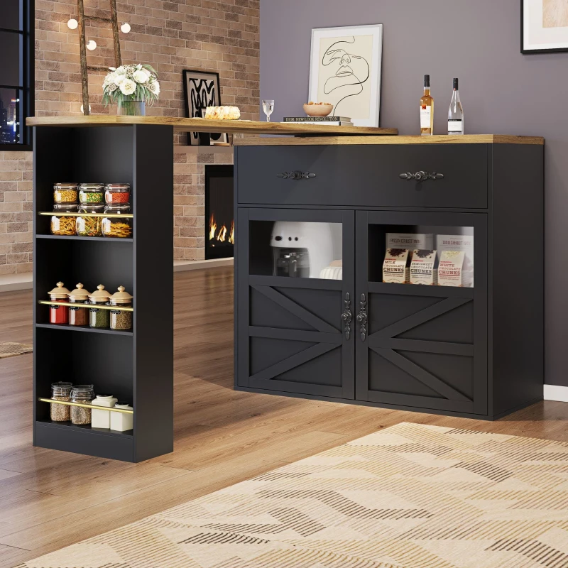 Bancone bar allungabile con vano portaoggetti e girevole a 360°, 138-204x39x104 cm, Nero