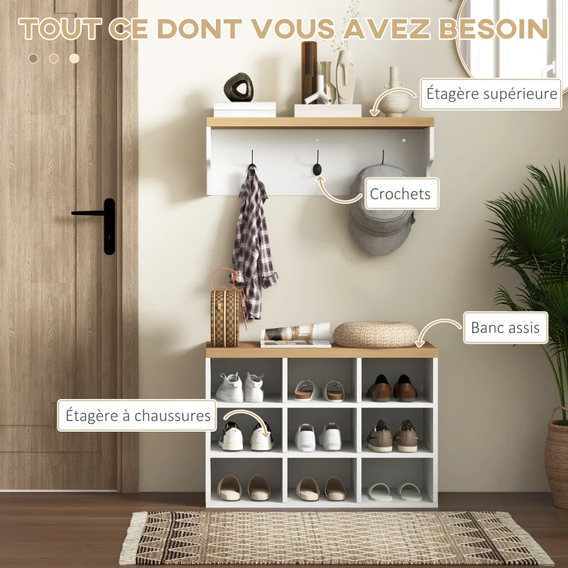 HOMCOM Ensemble meuble d'entrée 2-en-1 porte-manteau mural banc à chaussures 3 crochets et 9 niches 75x30x50cm blanc et chêne
