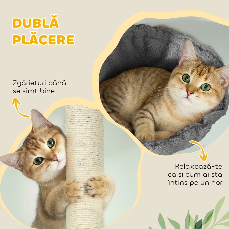 PawHut Ansamblu de joacă pentru Pisici Înalt 220-240 cm cu Hamac, Casetă, Platforme și Stâlpi din Sisal, Gri