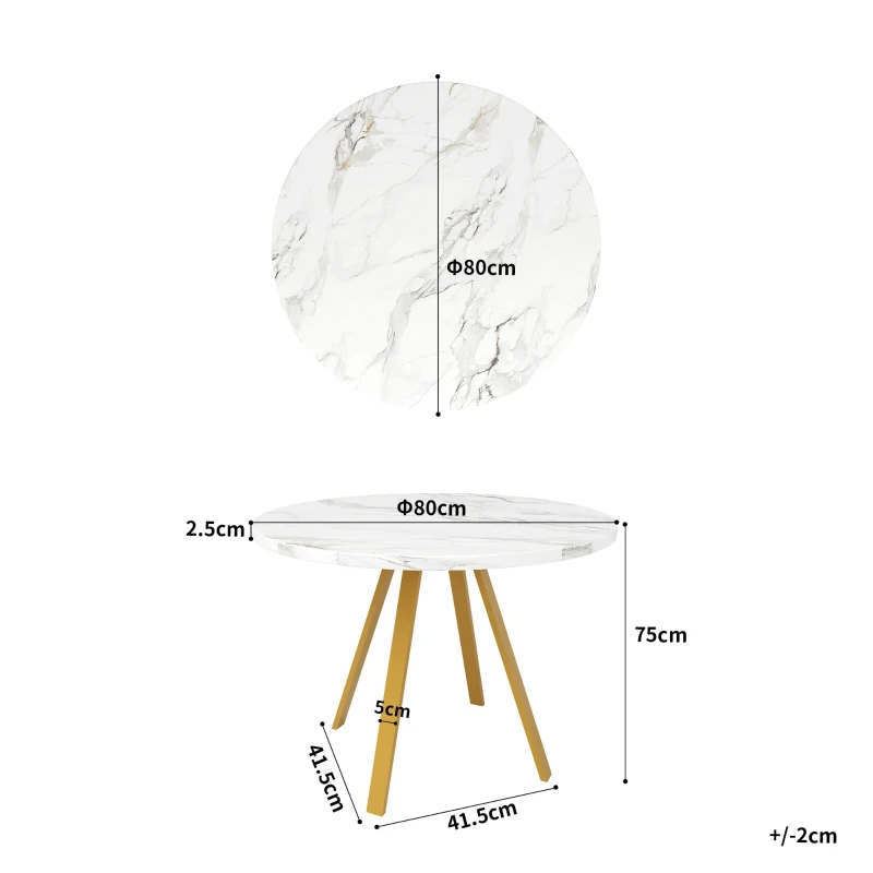 Tavolo da pranzo rotondo per 4 persone, con gambe in metallo dorato, 80x80x75 cm, Bianco e Oro