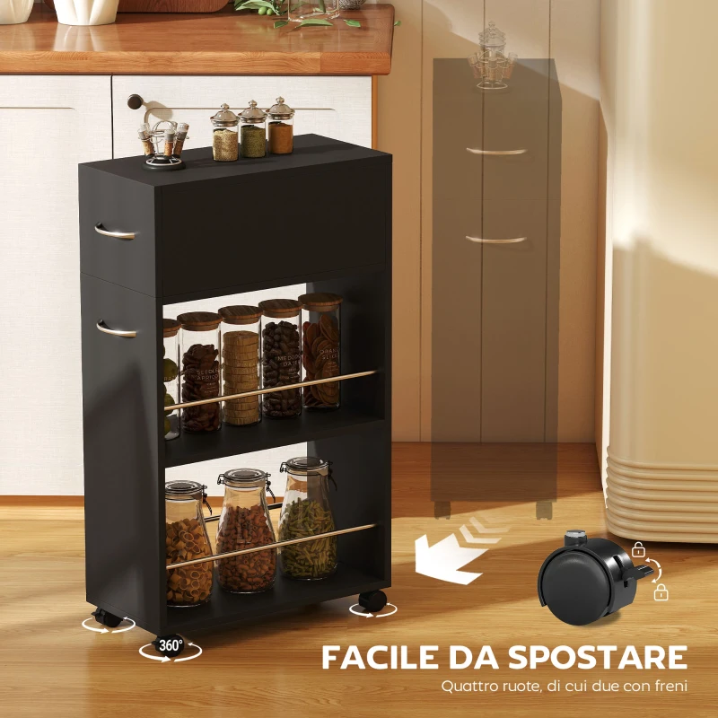 HOMCOM Carrello da Cucina con 2 Ripiani Aperti, Cassetto e Parapetti, Legno e Acciaio Inox, 25x50x85 cm, Nero