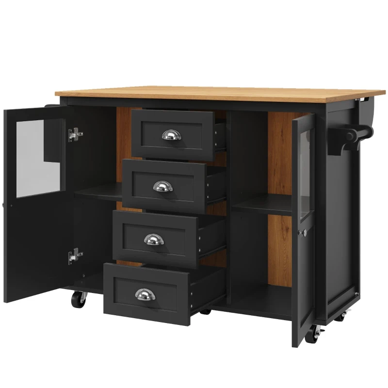 Îlot de cuisine avec plateau réglable, deux portes et quatre tiroirs, 137,9x45/73x92,5 cm, Noir