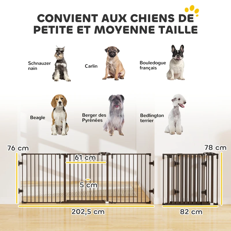 PawHut Barriere de securite chien pliable avec porte en acier 3 panneaux modulable fermeture automatique 202,5 x 2 x 76 cm noir