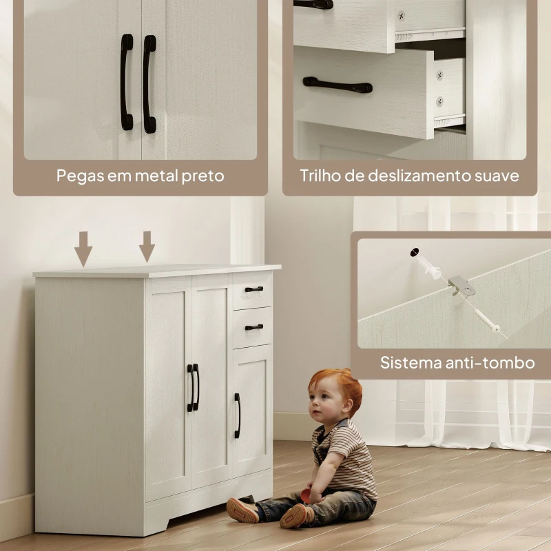 HOMCOM Aparador com 3 Portas Moderno para Sala de Estar com 2 Gavetas Prateleira Ajustável 120x38x79 cm Branco com Efeito Madeira