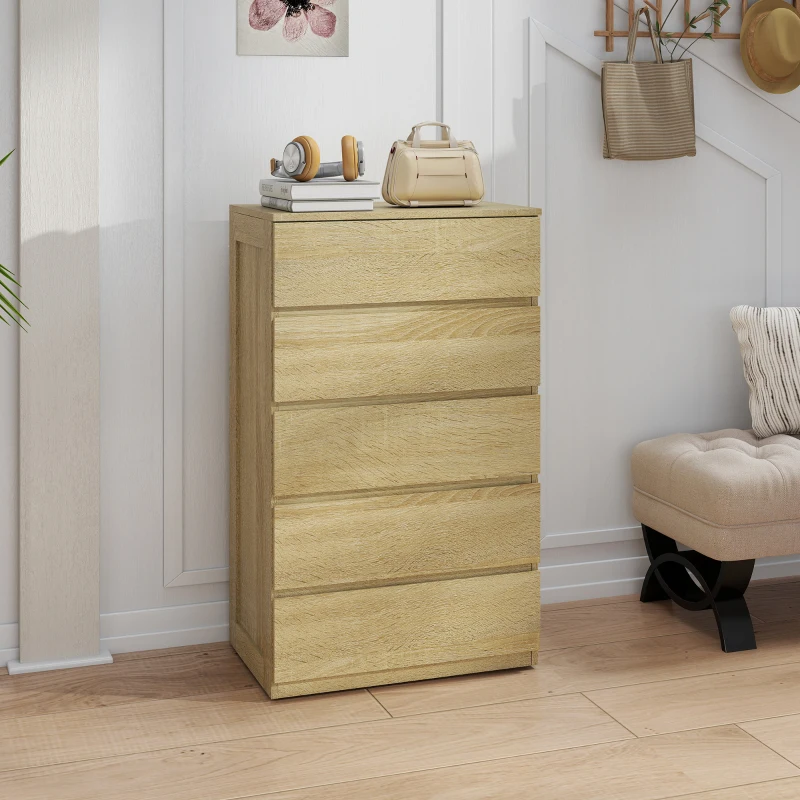HOMCOM Kommode mit 5 Schubladen aus Holz mit Metallführungen und eingefrästen Griffen, 60x39x100 cm, Farbe Buche