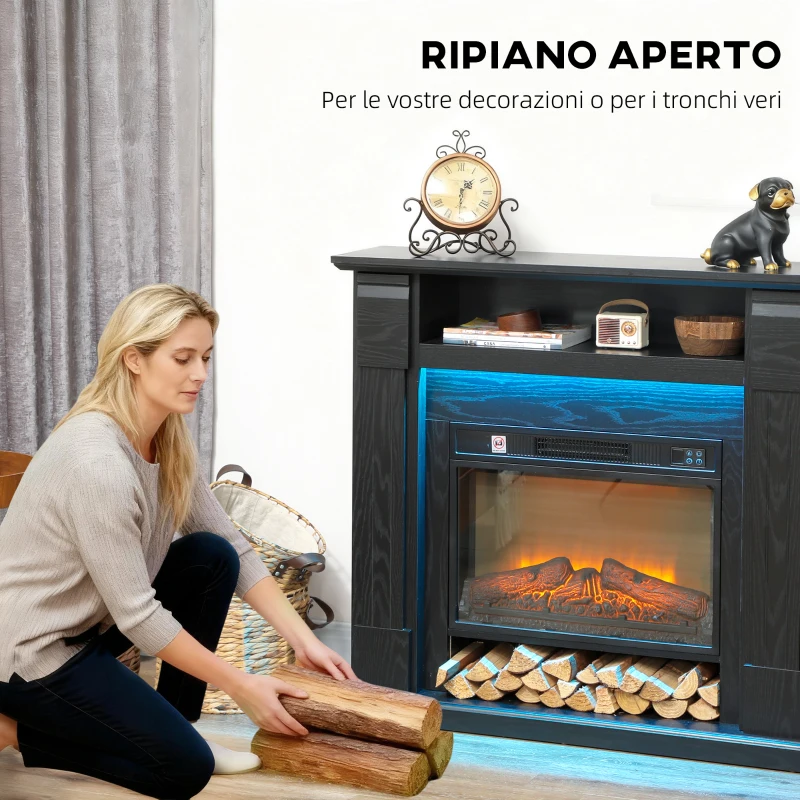 HOMCOM Camino Elettrico 1800W Regolabile con Fiamma 3D, Ripiano, Timer e Telecomando, 105x27x97 cm, Nero